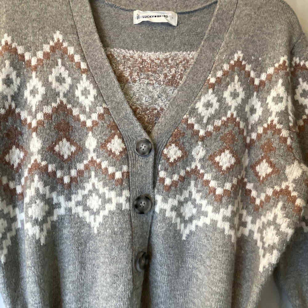 Lucky Brand Dress Women Large‎ Gray Pink Fair Isle Nordic Sweater Knit Tie Boho - Picture 5 of 13